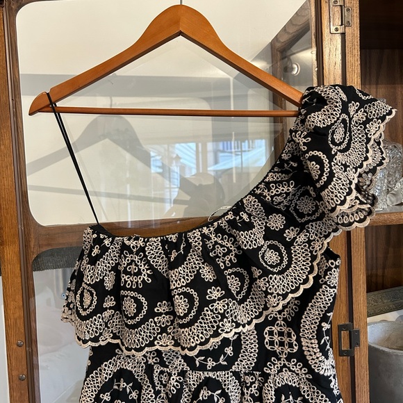 LoveShackFancy Black 'Pamela' One-shoulder Broderie Anglaise Cotton Dress Lrg - Picture 3 of 9